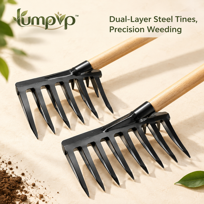 𝒍𝒖𝒎𝒑𝒗𝒑™ Heavy-Duty Garden Weeding Rake Professional Cultivator Hand Tool with Sharp Steel Tines and Long Wooden Handle for Soil Loosening and Weed Removal