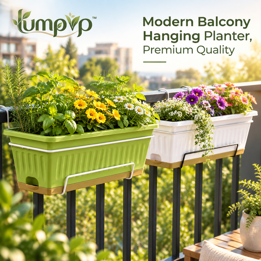 𝒍𝒖𝒎𝒑𝒗𝒑™ Adjustable Balcony Railing Planter Box 24-Inch Over-the-Rail Flower Pot Holder with Built-in Drainage and Heavy-Duty Hooks, Perfect for Deck, Porch, and Fence Railings