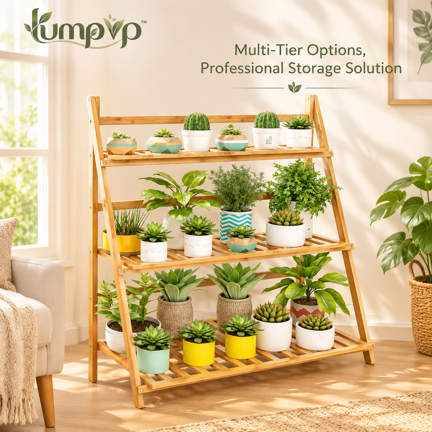 𝒍𝒖𝒎𝒑𝒗𝒑™ 4-Tier Bamboo Plant Stand Foldable Corner Flower Rack with Hanging Rod, Multi-Shelf Indoor Plant Display Shelf for Living Room, Balcony, and Patio